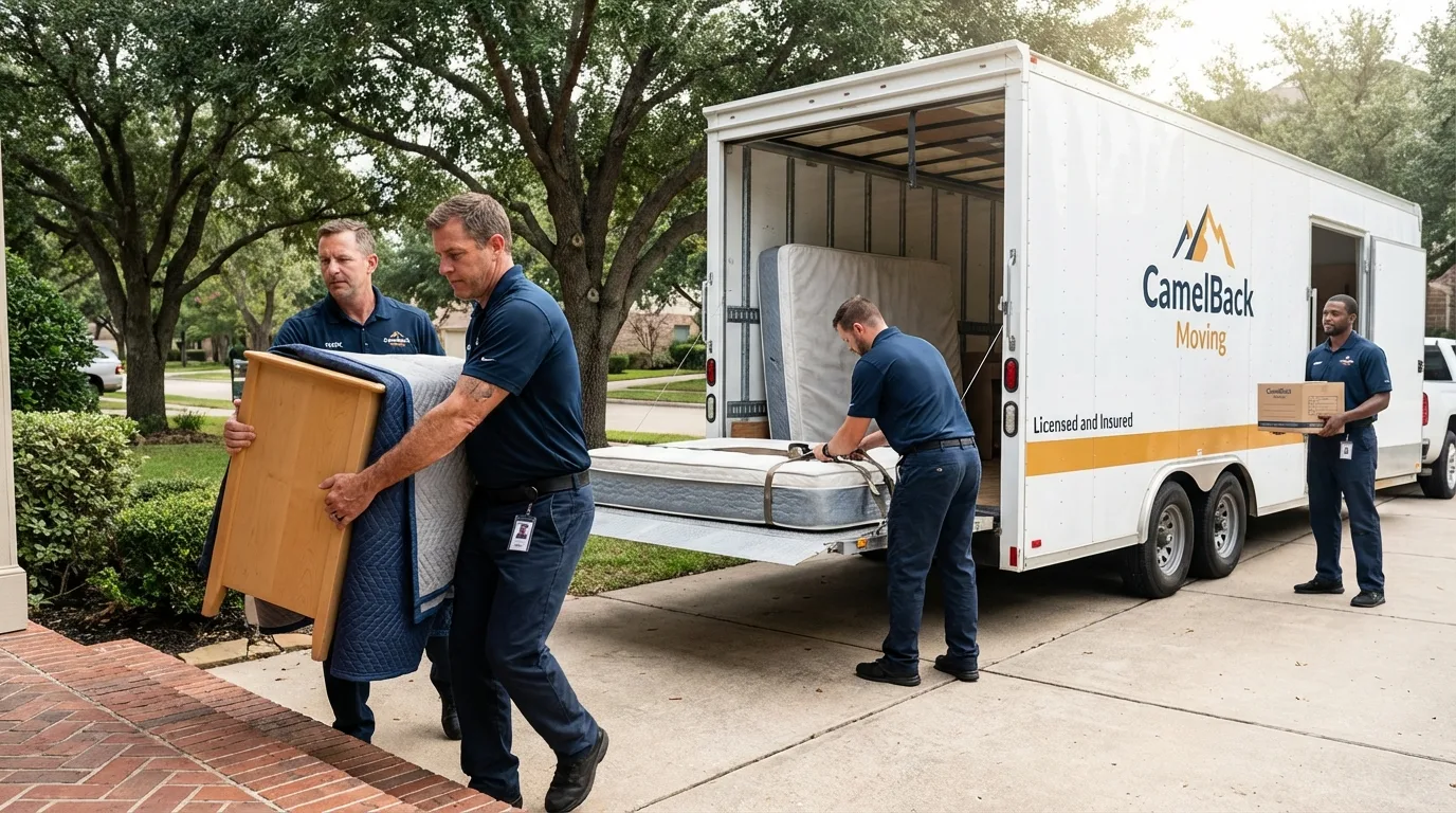 Crew loading residential truck for cross-state move from Yucca Valley, CA