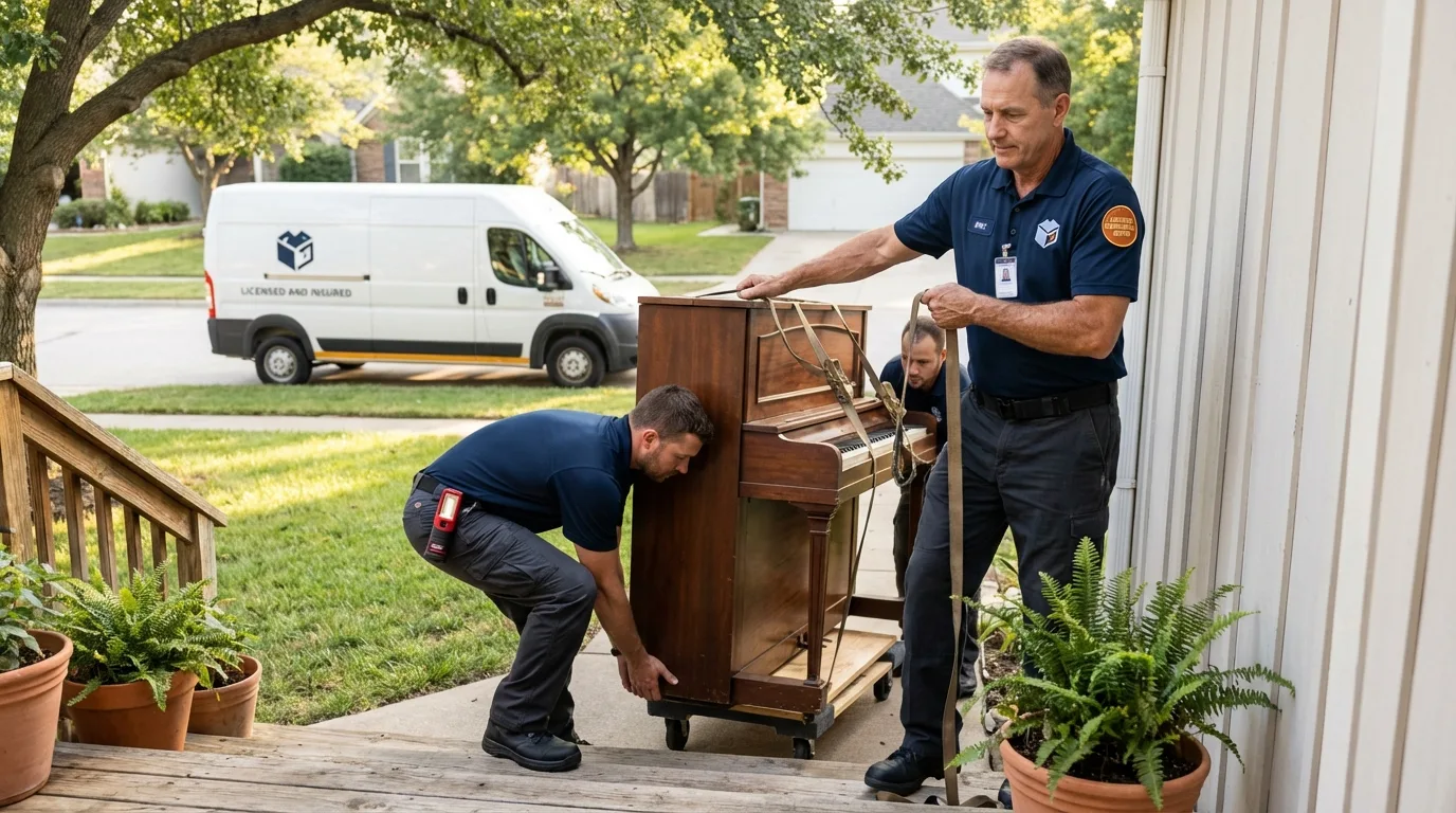 Licensed piano movers securing grand piano in Yucca Valley, CA