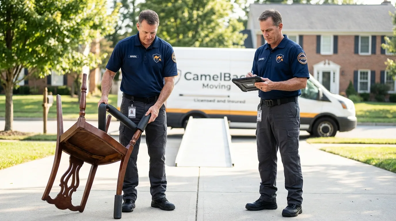 Movers inspecting furniture for damage prevention before loading in Yucca Valley, CA