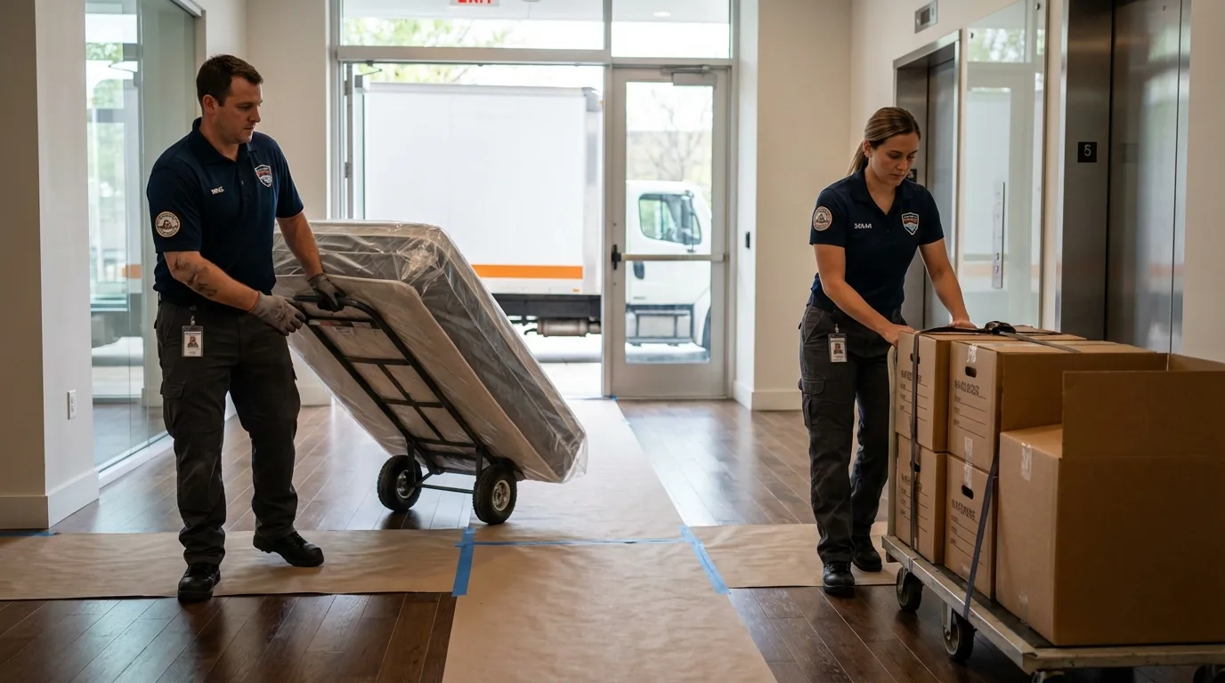 Professional apartment movers loading elevator in Yucca Valley, CA