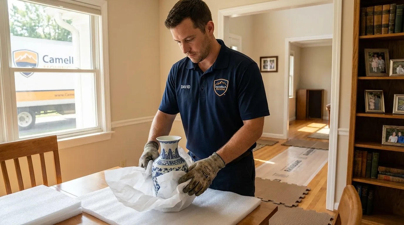 Professional crew carefully wrapping antique vase for senior downsizing move in Yucca Valley, CA
